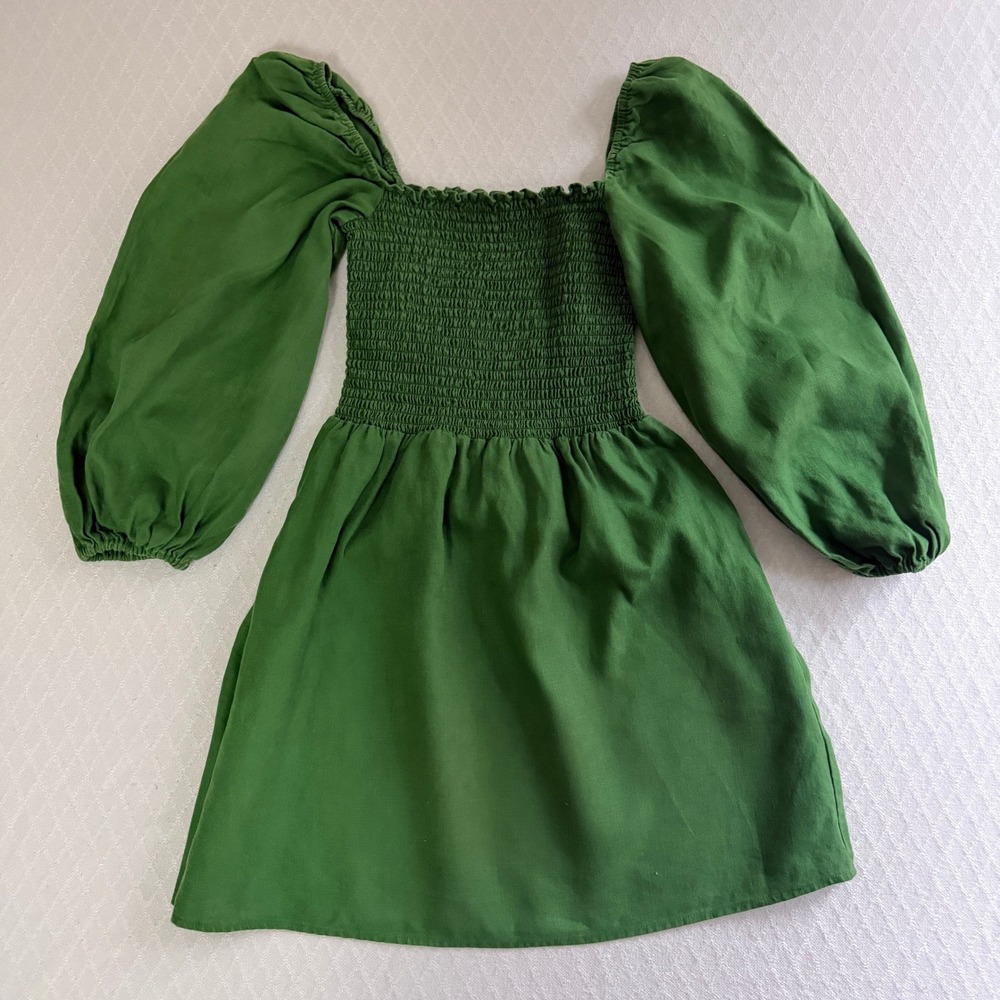 Reformation Green Mini Dress Smocked Puff Sleeve Linen Small Cottagecore